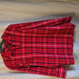 TALBOTS Petite Non-Iron Red Black White Plaid Blouse Top 10P